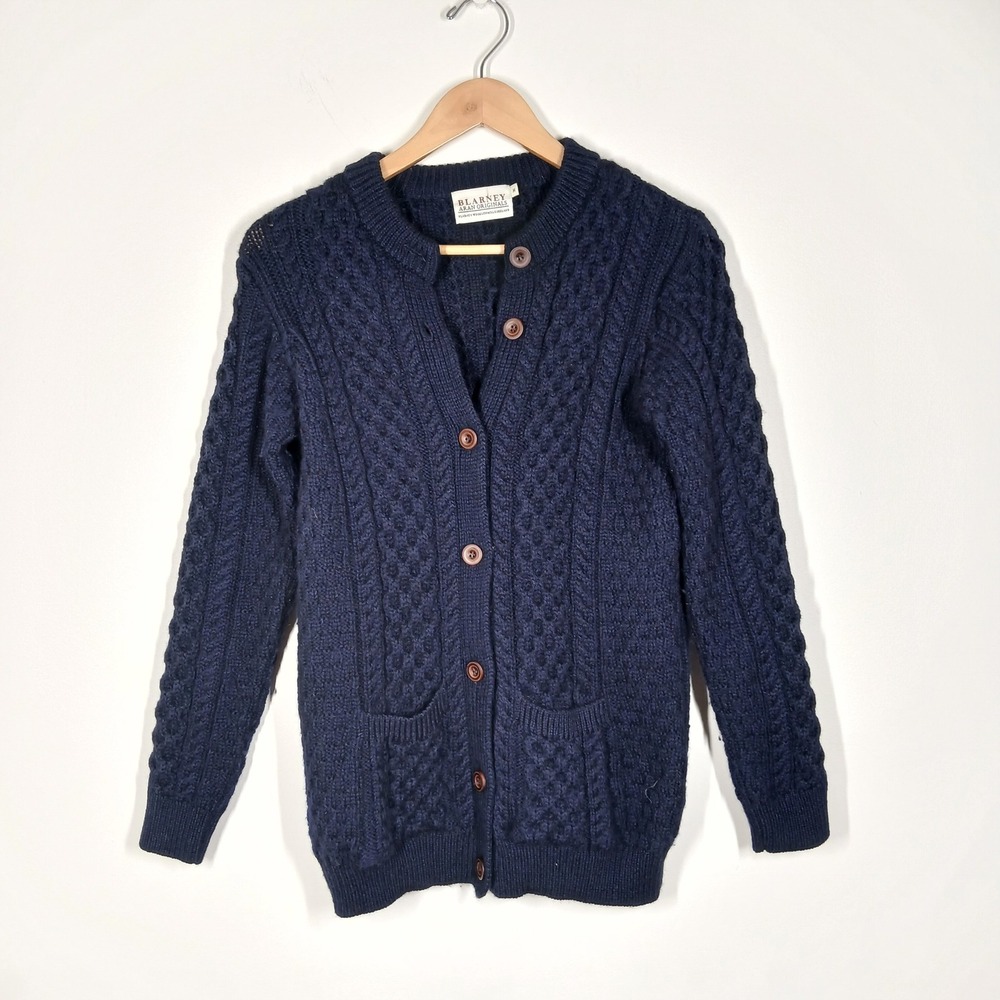 Blarney Aran Originals Cardigan Womens M Navy Blue Merino Wool Cable Knit Irish